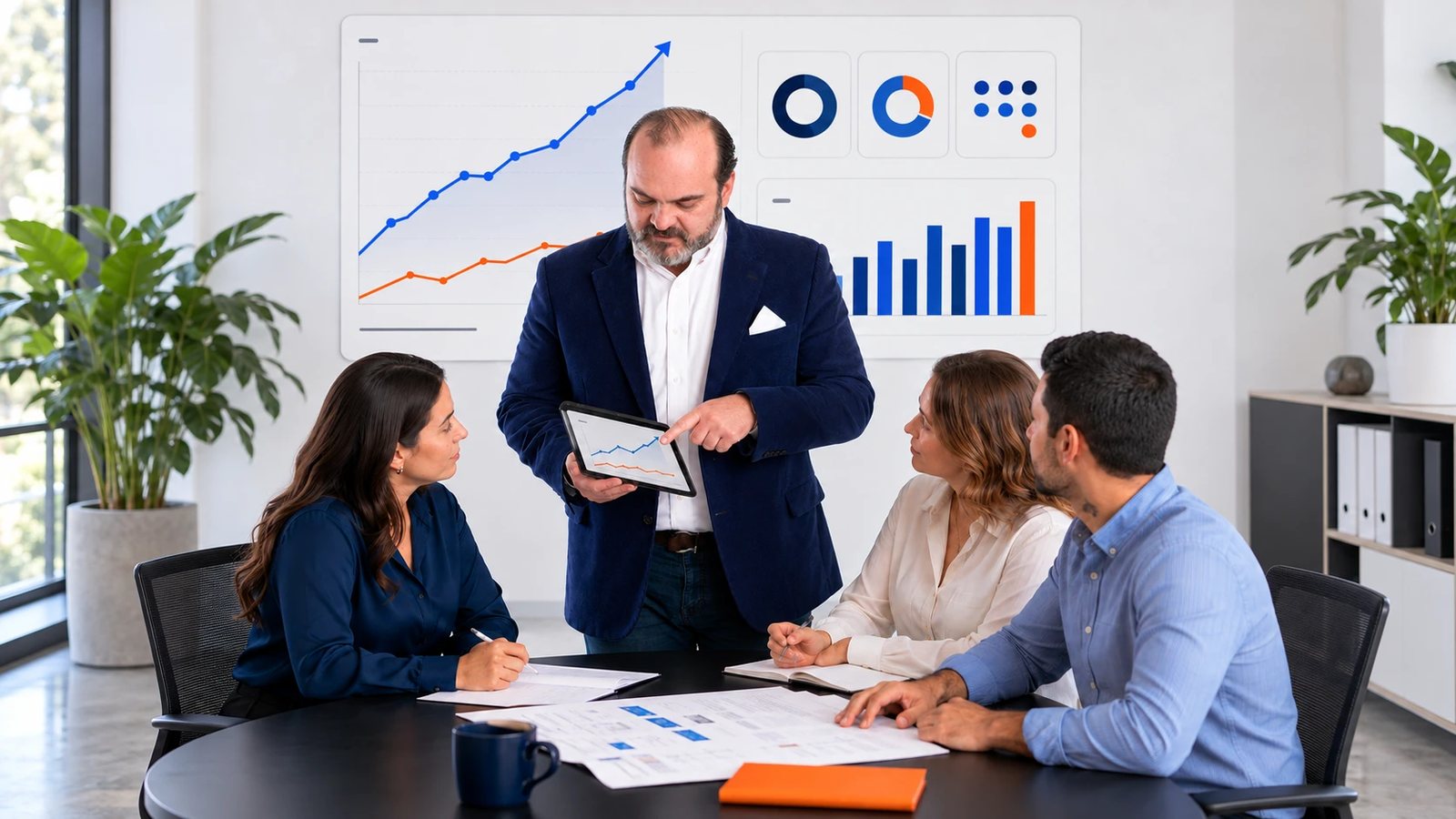 Mentor presentando resultados a un equipo de negocio con gráficas en pantalla