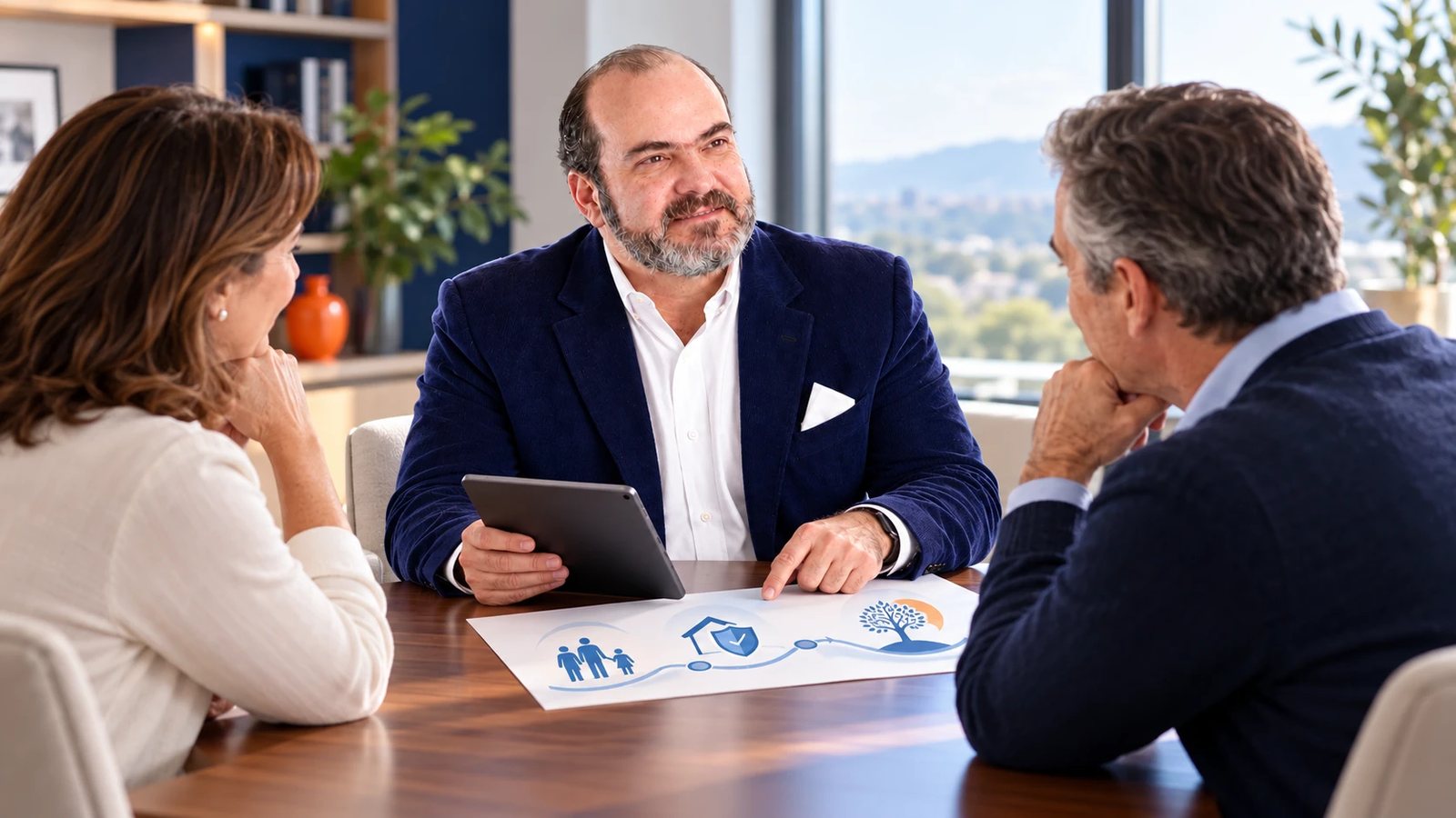Mentor conversando con una pareja sobre su plan de vida, con una lámina de familia, hogar y legado sobre la mesa